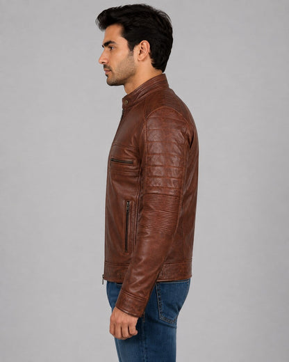 Men’s Cognac Brown Distressed Motorcycle Leather Jacket - Premium Style sid view by avanzar leather