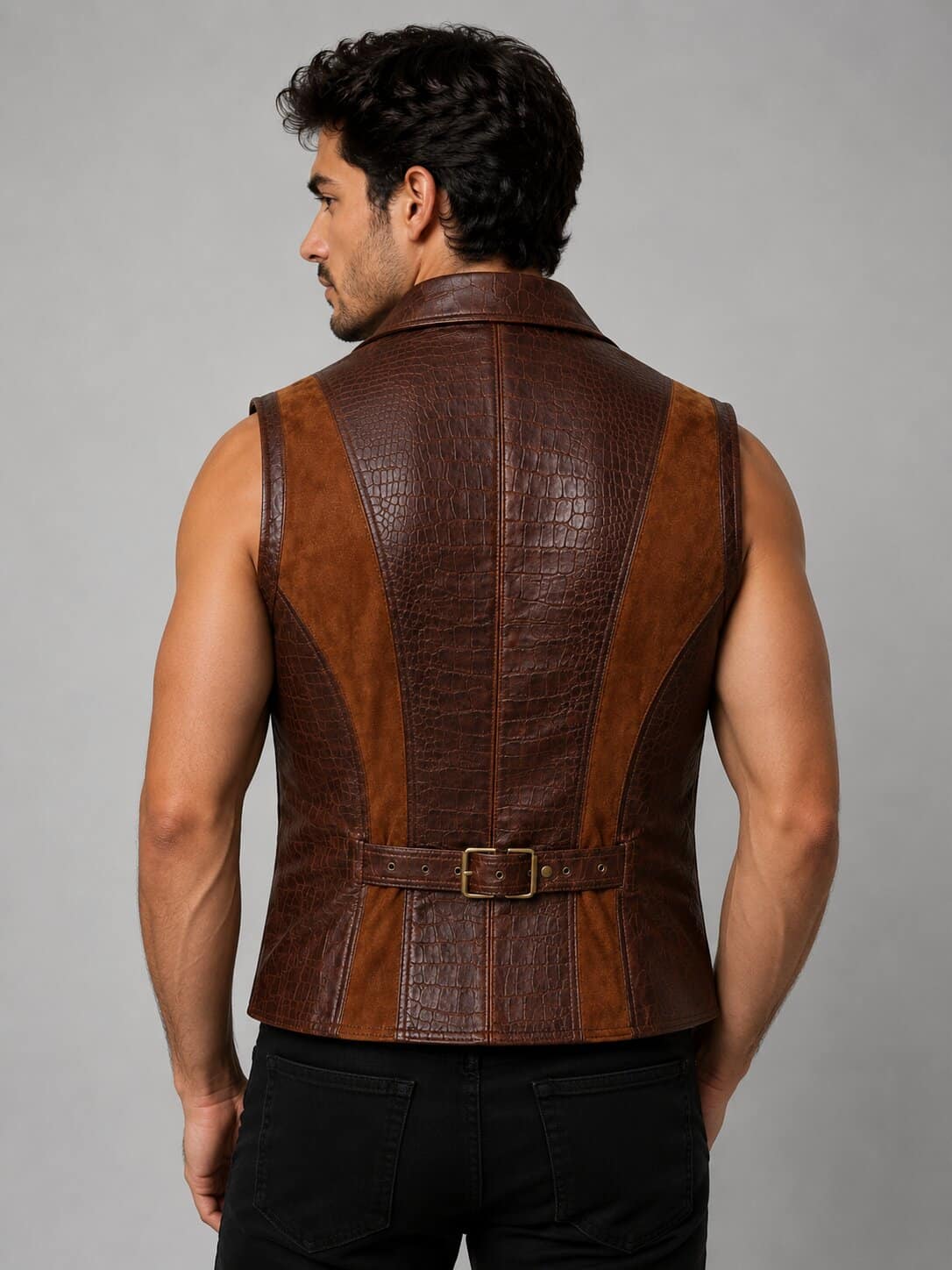 Back view vintage brown crocodile embossed leather vest men by avanzar leather