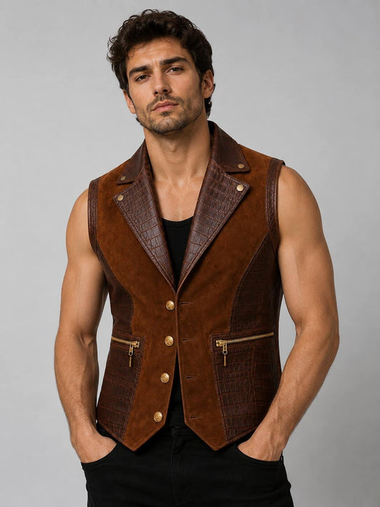 Front view men’s crocodile embossed leather vest vintage waistcoat by avanzar leather
