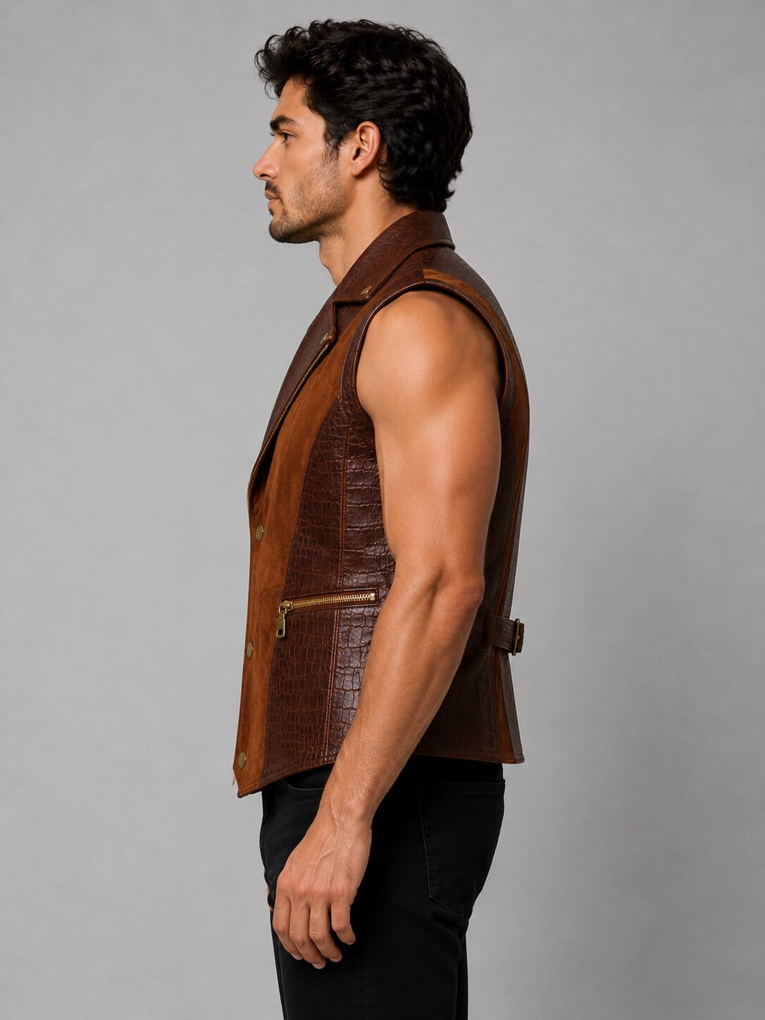Side profile crocodile embossed leather vest for men by avanzar leather