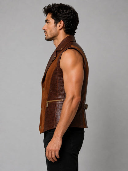 Side profile crocodile embossed leather vest for men by avanzar leather