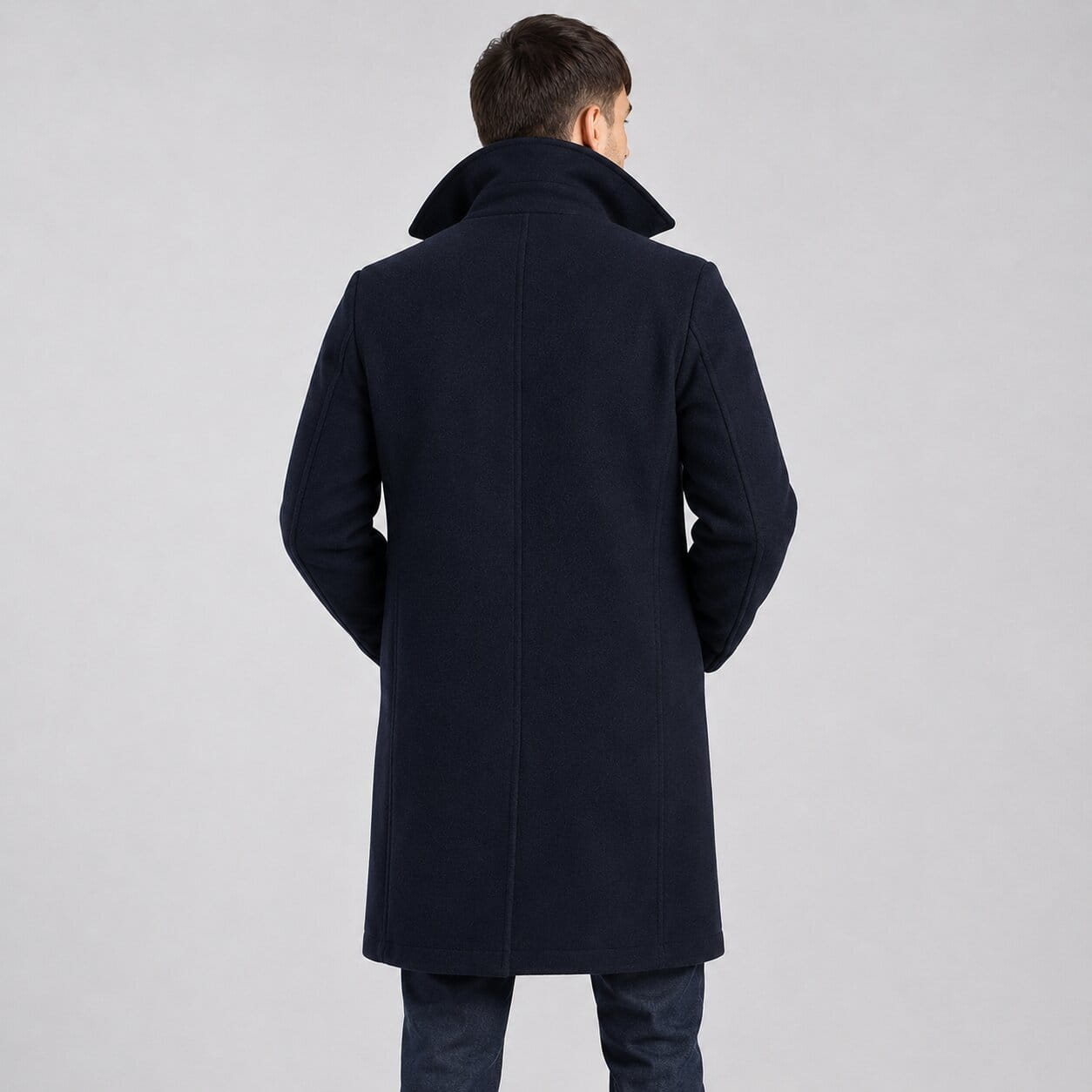 Men’s Dark Blue Fleece Long Peacoat - Classic Winter Style back view  by avanzar leather