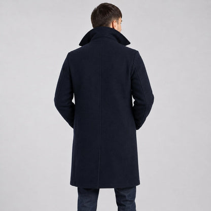 Men’s Dark Blue Fleece Long Peacoat - Classic Winter Style back view  by avanzar leather