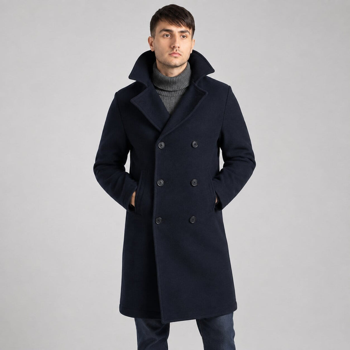 Men’s Dark Blue Fleece Long Peacoat - Classic Winter Style front view  by avanzar leather
