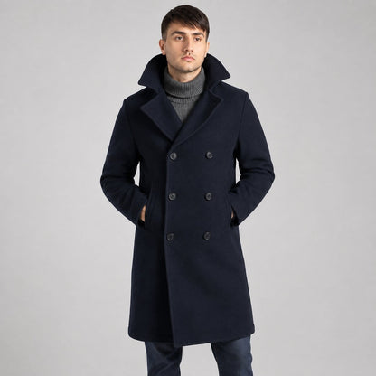 Men’s Dark Blue Fleece Long Peacoat - Classic Winter Style front view  by avanzar leather