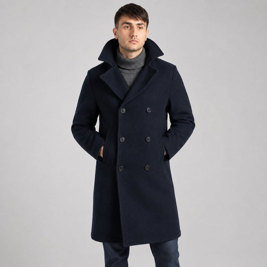Men’s Dark Blue Fleece Long Peacoat - Classic Winter Style front view  by avanzar leather