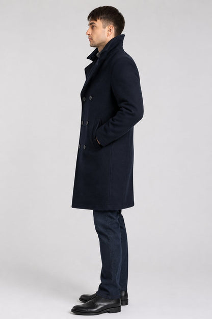Men’s Dark Blue Fleece Long Peacoat - Classic Winter Style sid view  by avanzar leather