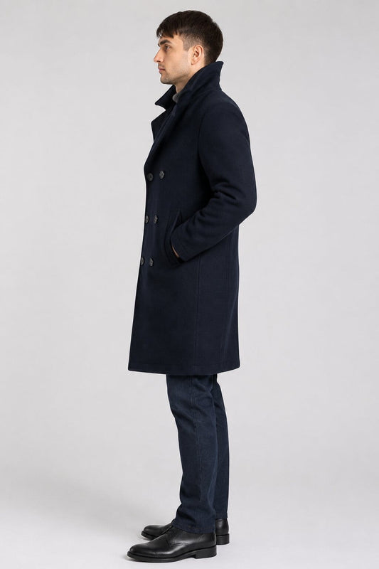 Men’s Dark Blue Fleece Long Peacoat - Classic Winter Style sid view  by avanzar leather