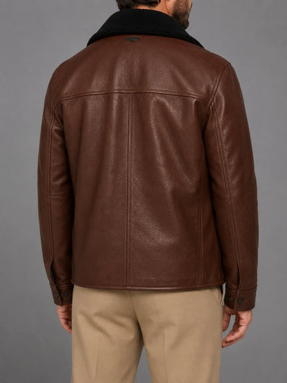 Men's Dark Brown Shearling Leather Jacket - Rugged Winter Style back view by avanzar leather