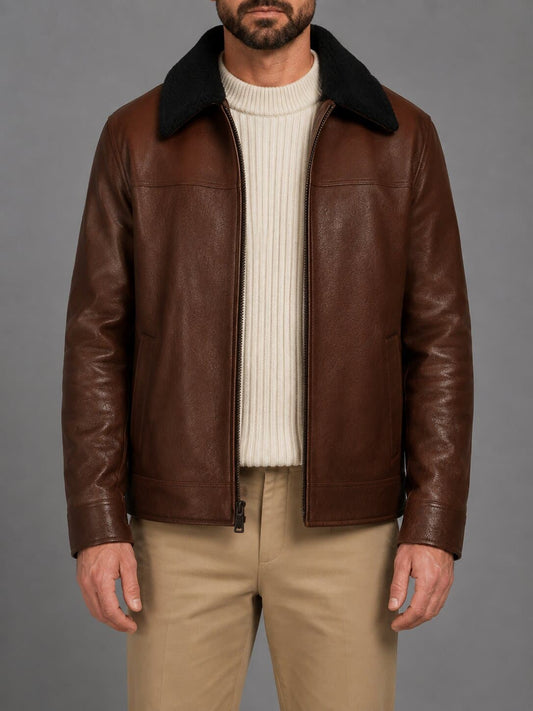 Men's Dark Brown Shearling Leather Jacket - Rugged Winter Style front view by avanzar leather