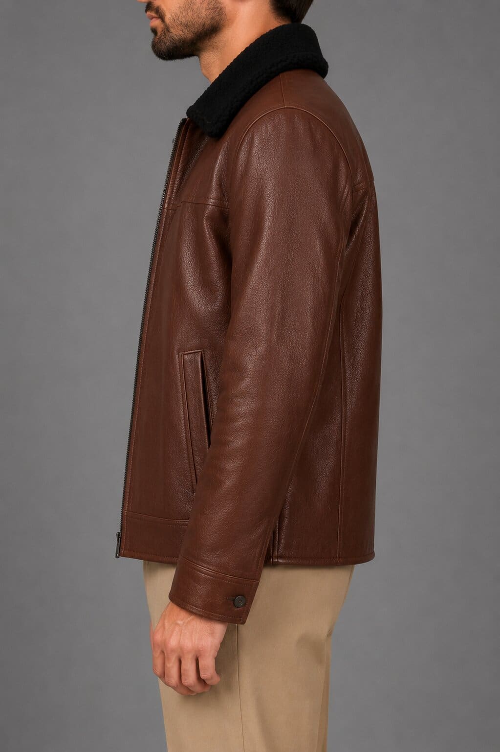 Men's Dark Brown Shearling Leather Jacket - Rugged Winter Style sid view by avanzar leather