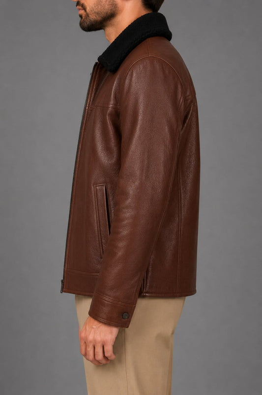 Men's Dark Brown Shearling Leather Jacket - Rugged Winter Style sid view by avanzar leather