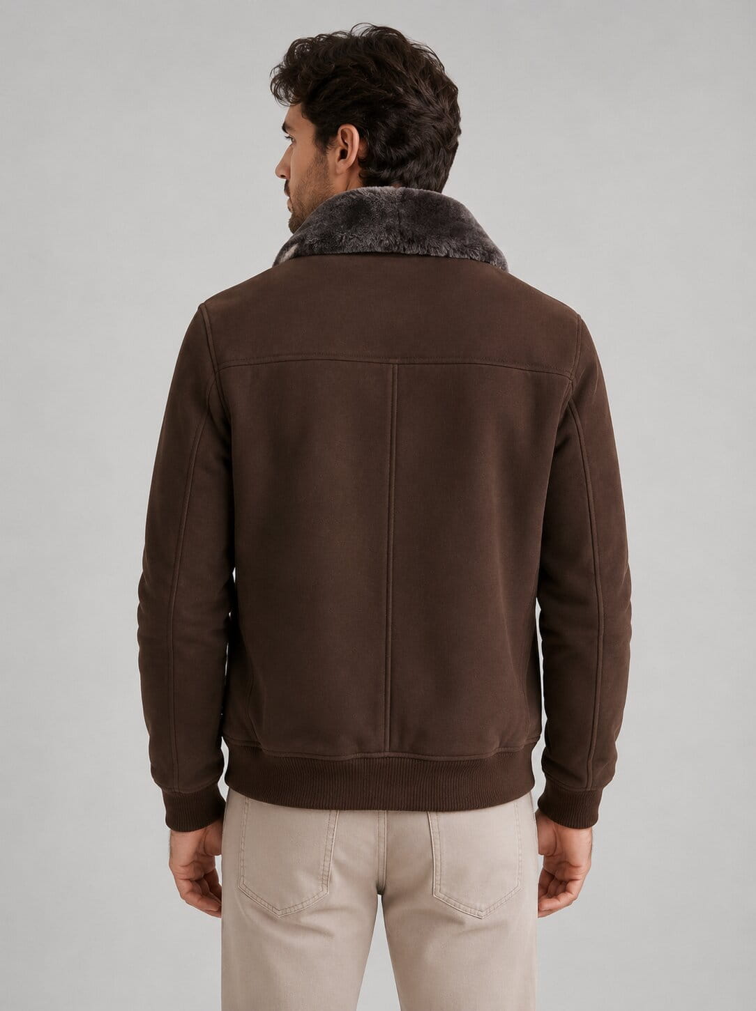 Men's Dark Brown Sheepskin Aviator Bomber Jacket - Classic Style back view by avanzar leather