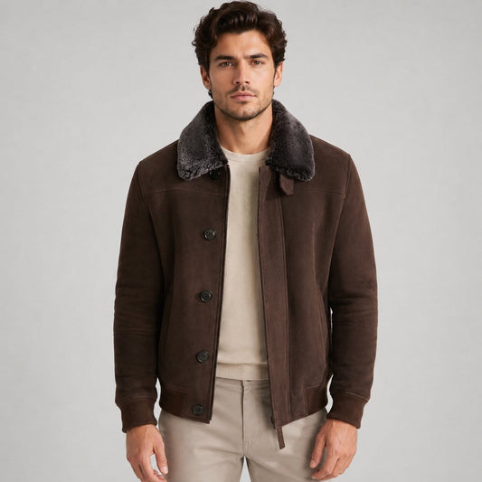Men's Dark Brown Sheepskin Aviator Bomber Jacket - Classic Style front view by avanzar leather