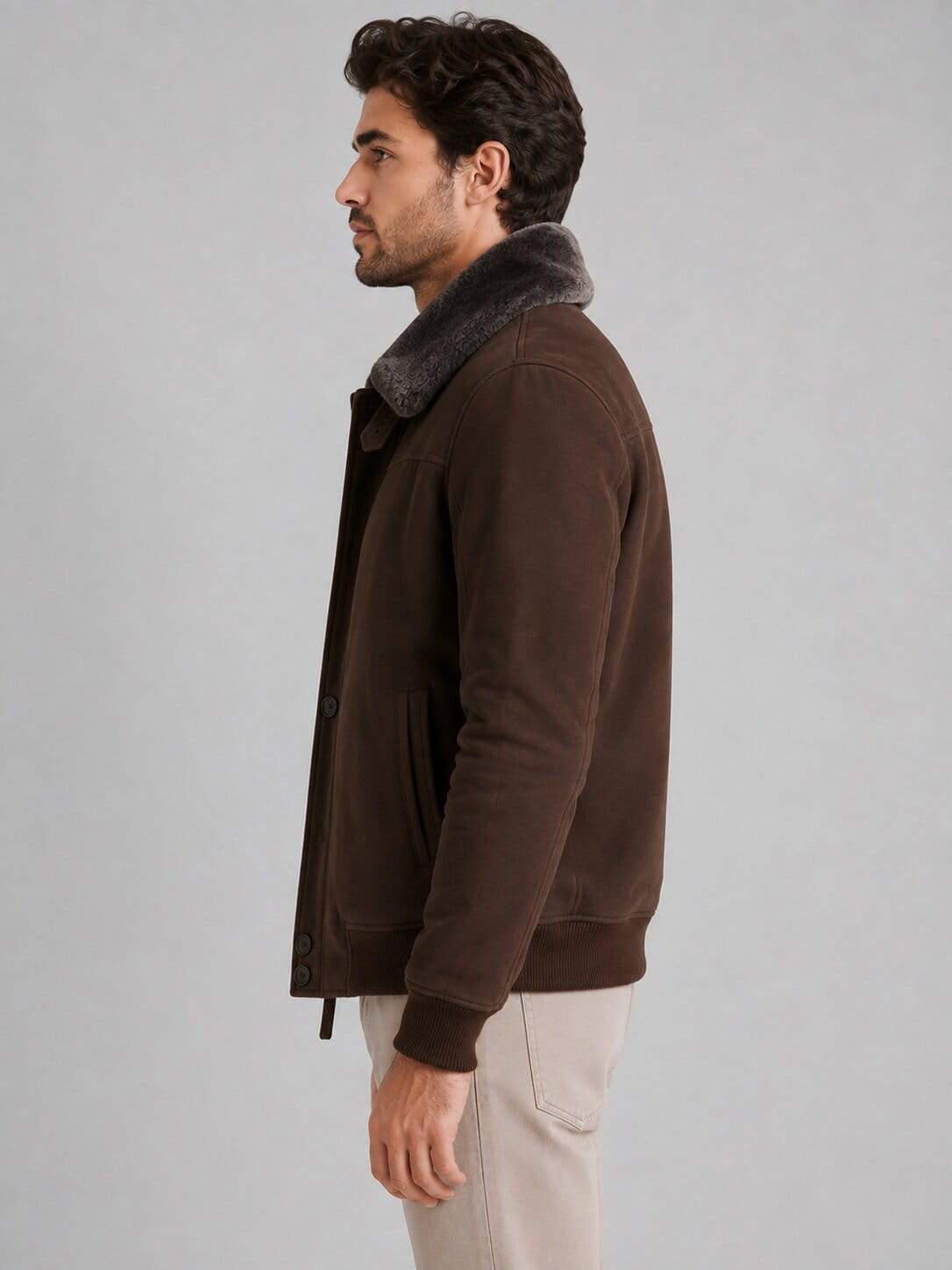 Men's Dark Brown Sheepskin Aviator Bomber Jacket - Classic Style sid view by avanzar leather