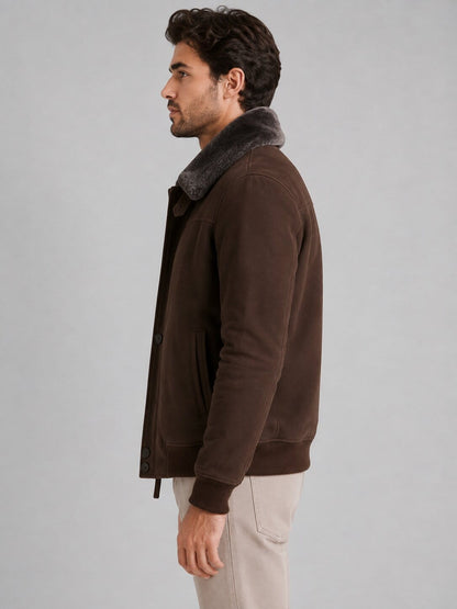 Men's Dark Brown Sheepskin Aviator Bomber Jacket - Classic Style sid view by avanzar leather