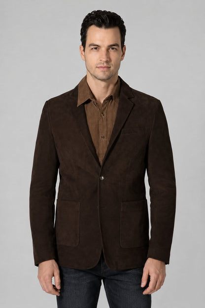 Men's Dark Brown Suede Leather Blazer - Classic Style front view by avanzar leather
