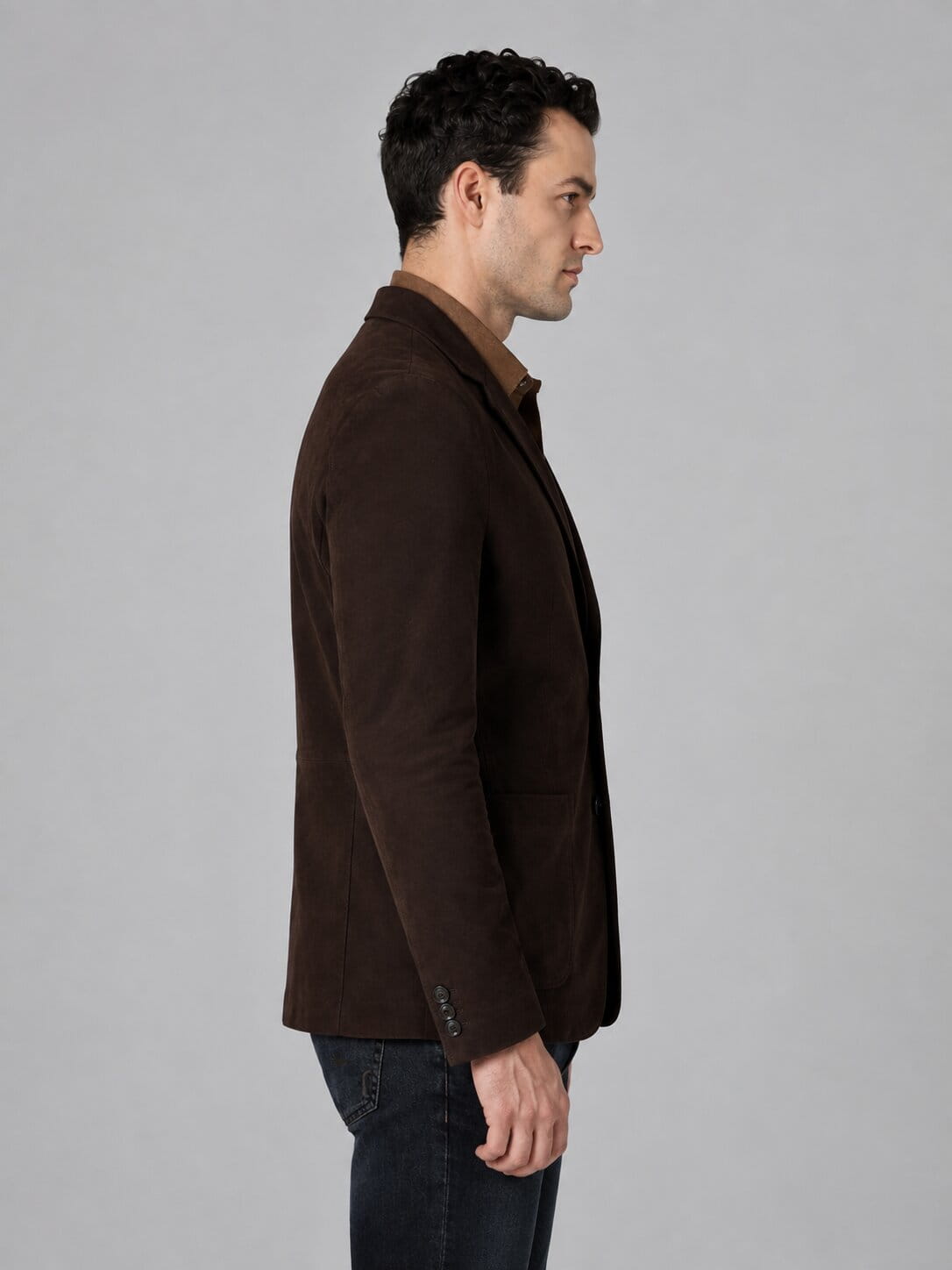 Men's Dark Brown Suede Leather Blazer - Classic Style sid view by avanzar leather
