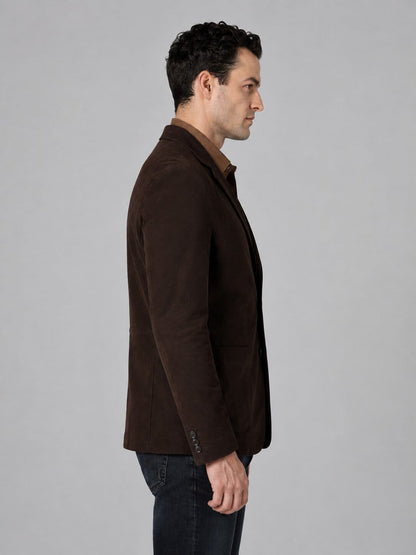 Men's Dark Brown Suede Leather Blazer - Classic Style sid view by avanzar leather