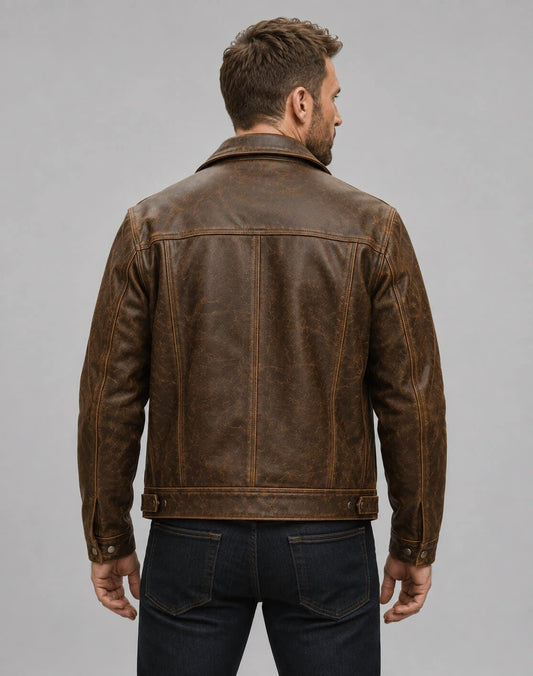 Men's Dark Brown Trucker Leather Jacket - Vintage Distressed Look back view by avanzar leather.