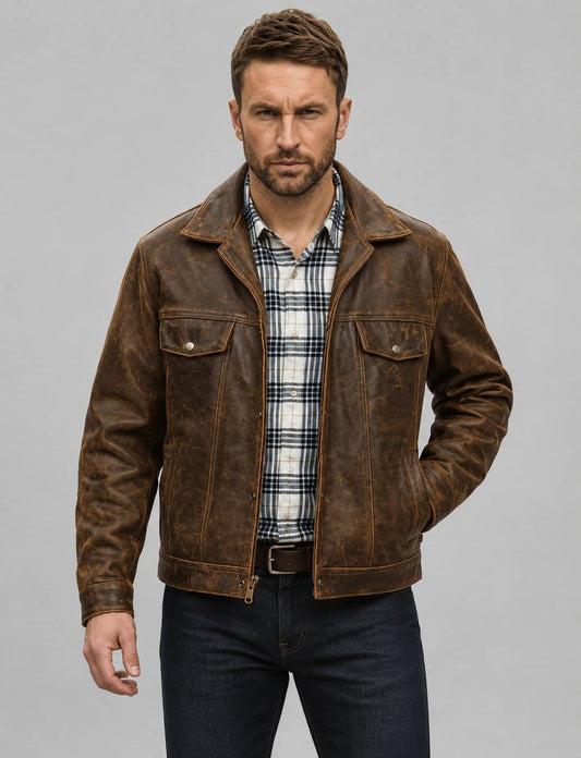 Men's Dark Brown Trucker Leather Jacket - Vintage Distressed Look front view by avanzar leather.