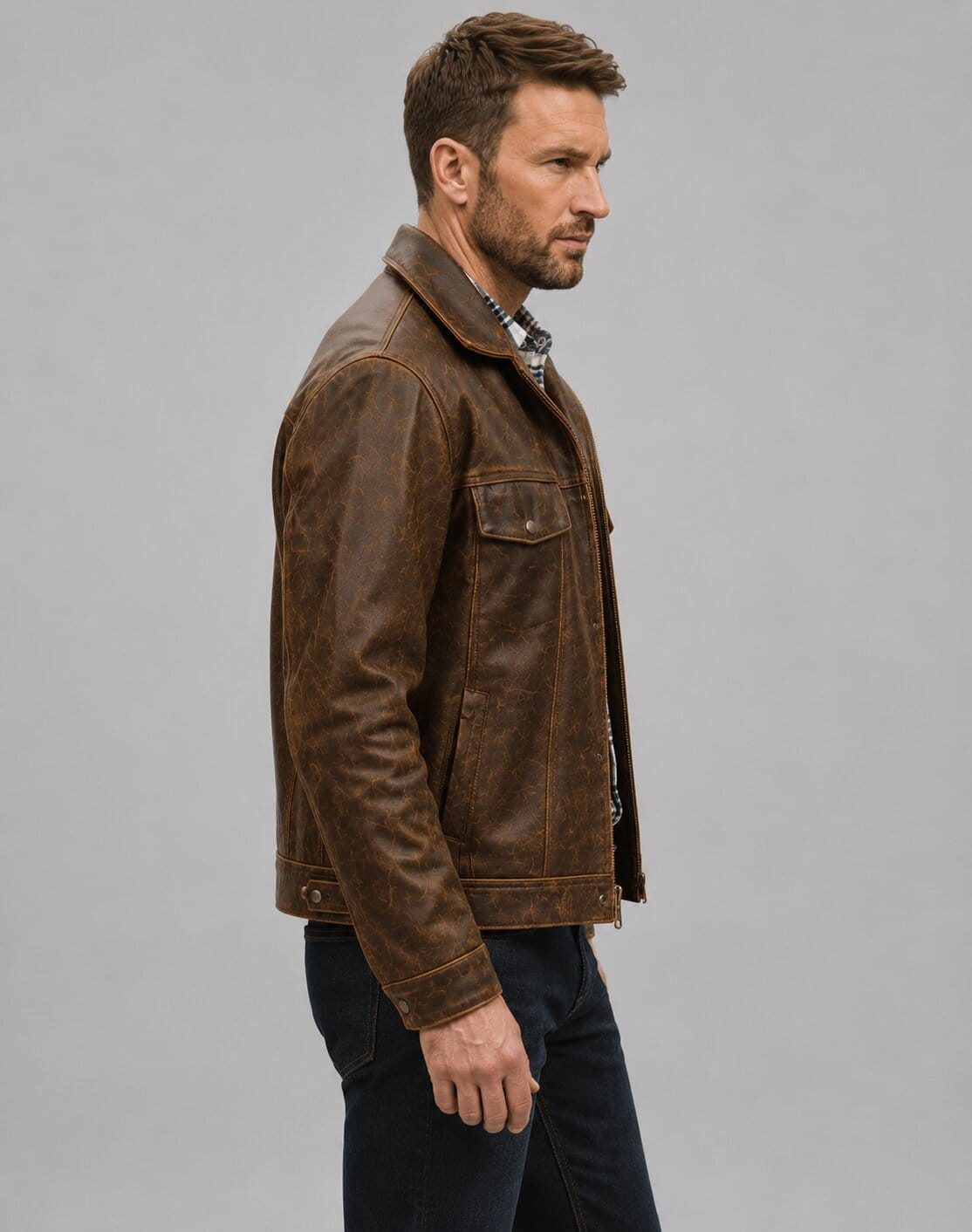Men's Dark Brown Trucker Leather Jacket - Vintage Distressed Look sid view by avanzar leather.