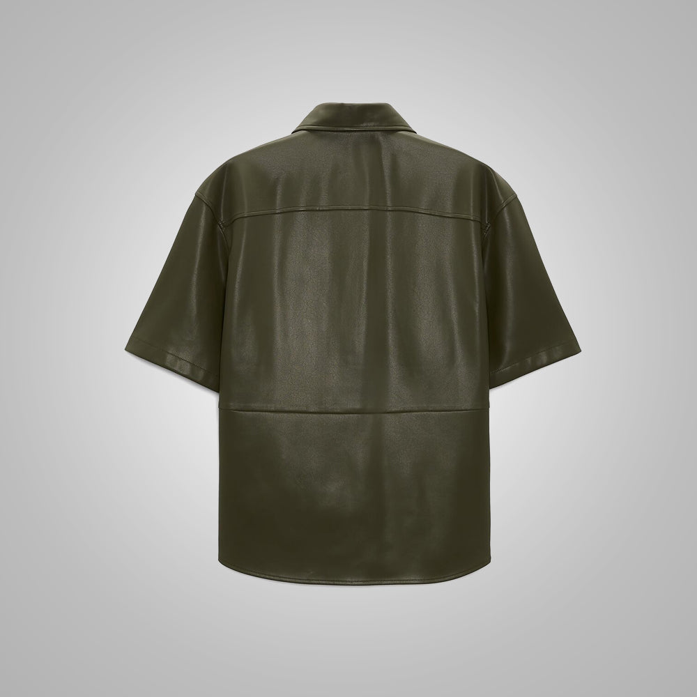 Men's Dark Green Half Sleeves Leather Shirt