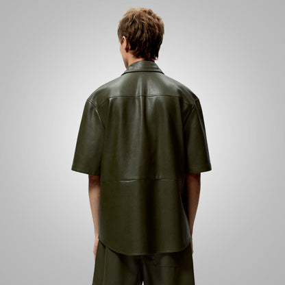 Men's Dark Green Half Sleeves Leather Shirt