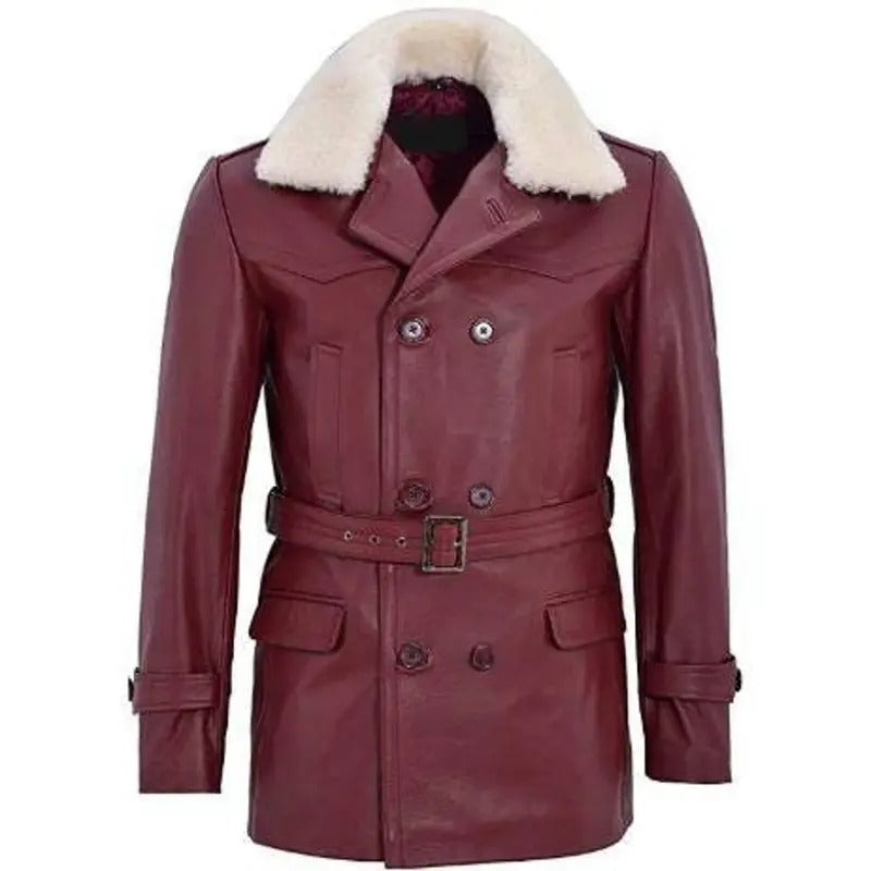 Elegant Dark Red Fur Collar Leather Coat  Avanzar Leather