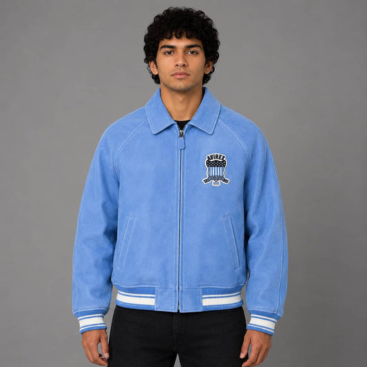 Front view of men denim bomber varsity Avirex leather jacket