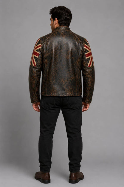 Men's Distressed Black Sheepskin Leather Biker Jacket with Handmade Cafe Racer Design