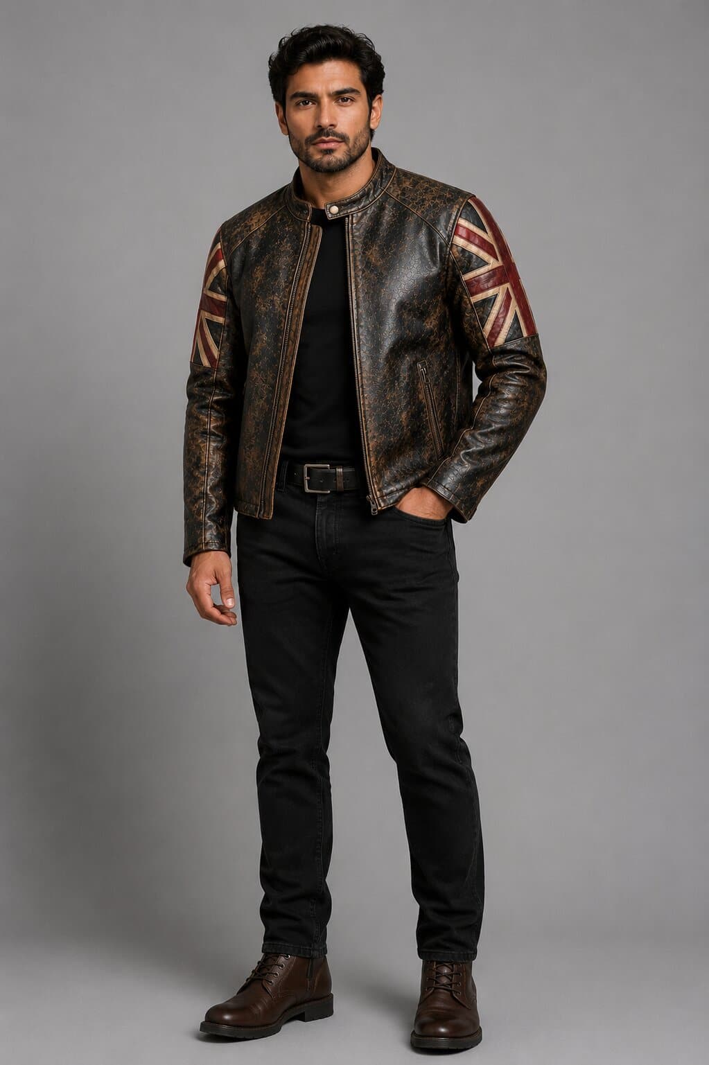 Men's Distressed Black Sheepskin Leather Biker Jacket with Handmade Cafe Racer Design