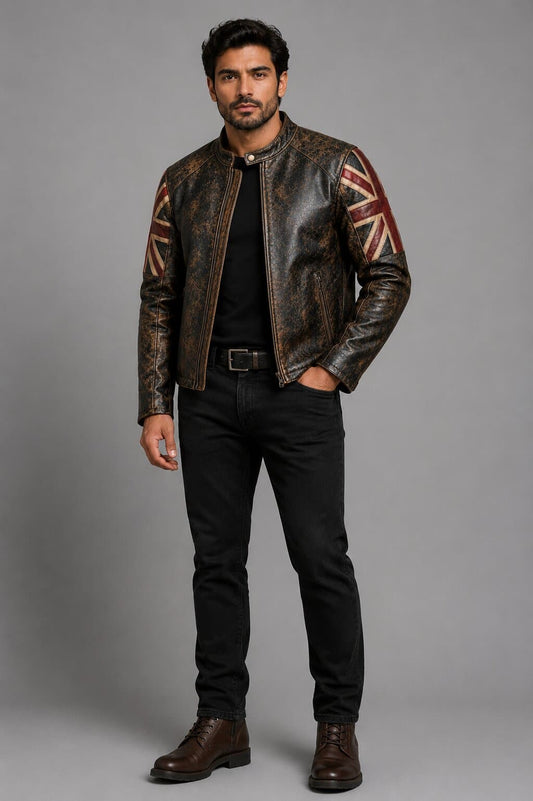 Men's Distressed Black Sheepskin Leather Biker Jacket with Handmade Cafe Racer Design