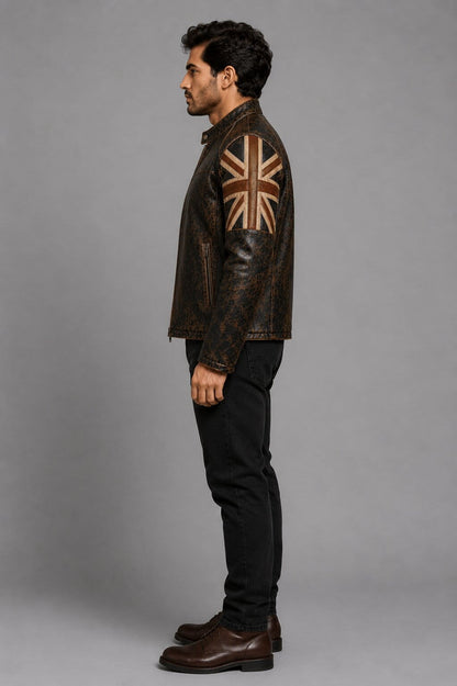 Men's Distressed Black Sheepskin Leather Biker Jacket with Handmade Cafe Racer Design