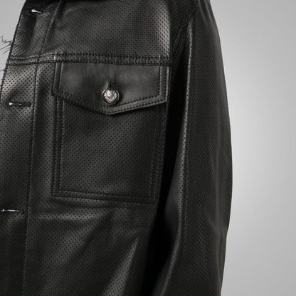 Men's Dotted Pattern Full Sleeves Black Leather Shirt