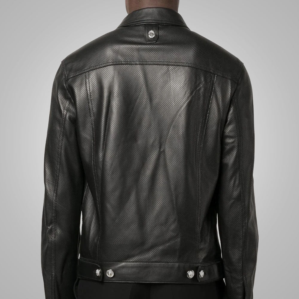 Men's Dotted Pattern Full Sleeves Black Leather Shirt