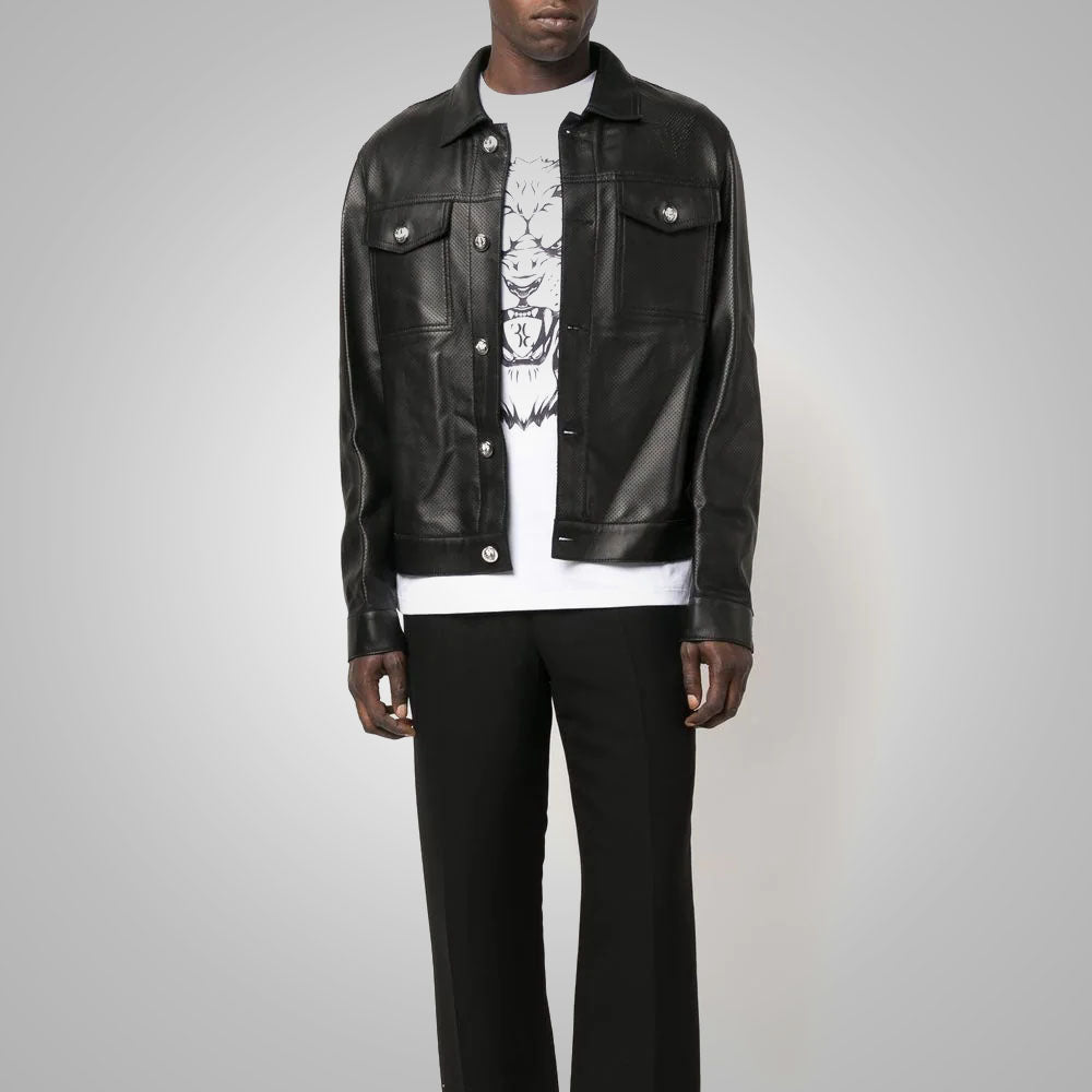 Men's Dotted Pattern Full Sleeves Black Leather Shirt