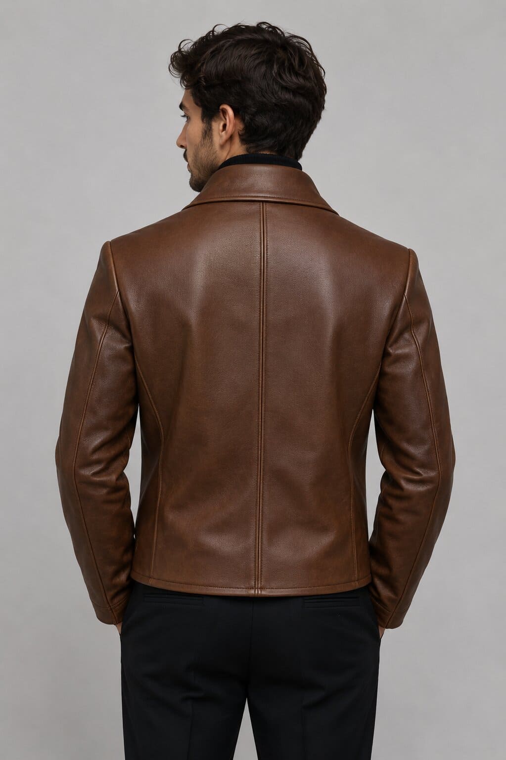 Back view of men's genuine leather peacoat by avanzar leather