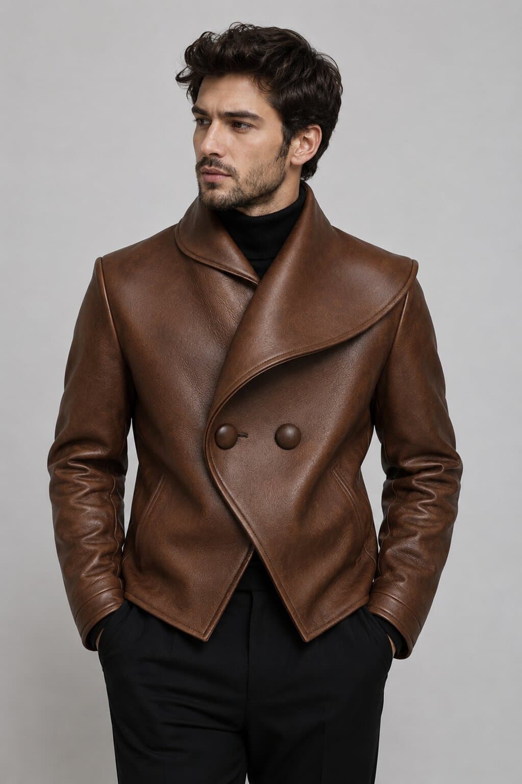 Front view of men's double breasted leather peacoat jacket by avanzar leather