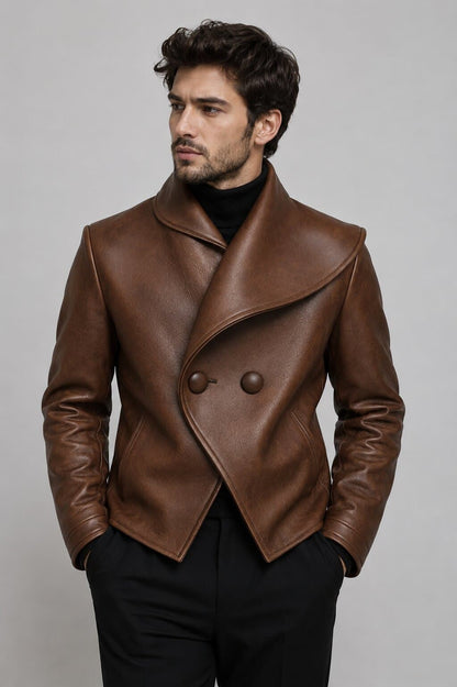 Front view of men's double breasted leather peacoat jacket by avanzar leather