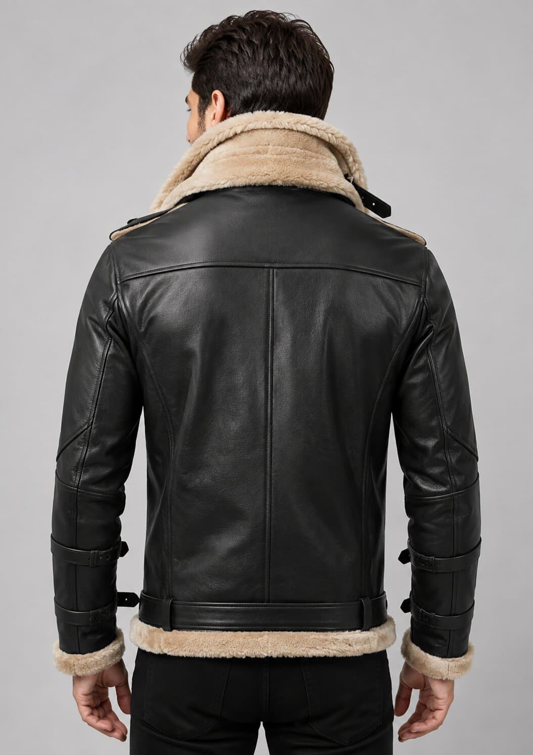 Men's Double Collar Leather Jacket - Luxurious Fur Lined Design back view by avanzar leather