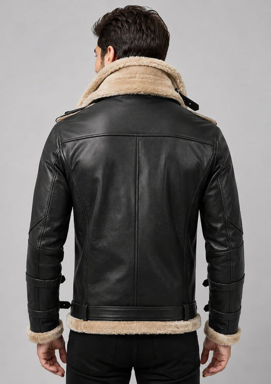 Men's Double Collar Leather Jacket - Luxurious Fur Lined Design back view by avanzar leather