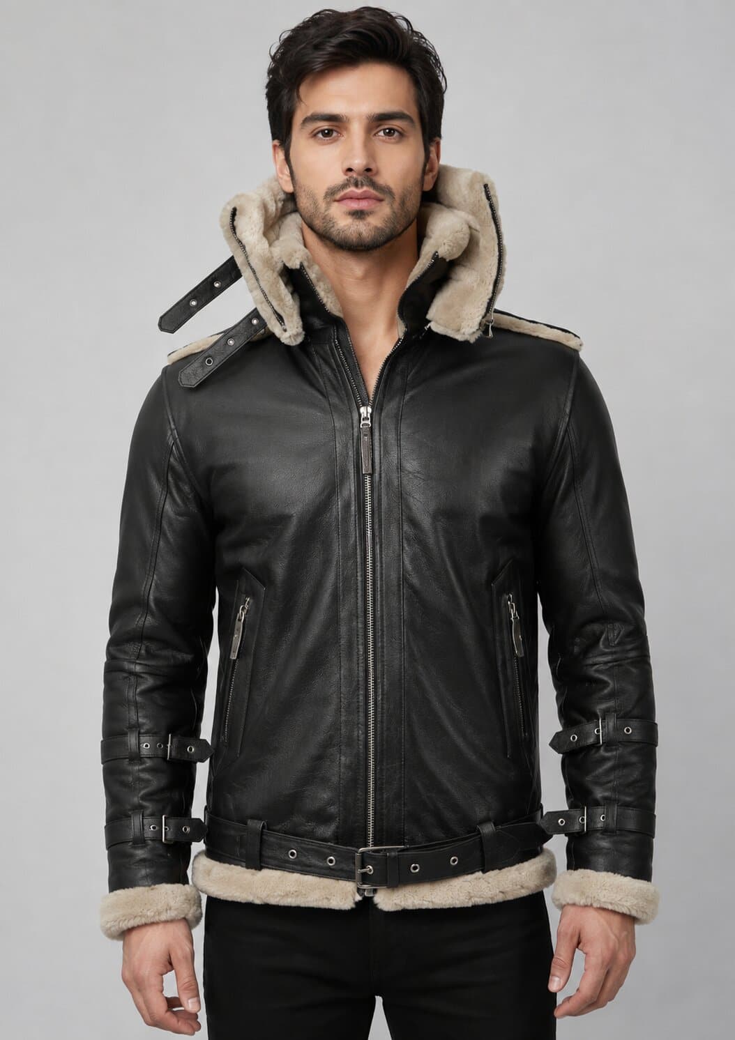 Men's Double Collar Leather Jacket - Luxurious Fur Lined Design front view by avanzar leather