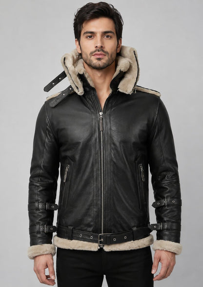 Men's Double Collar Leather Jacket - Luxurious Fur Lined Design front view by avanzar leather