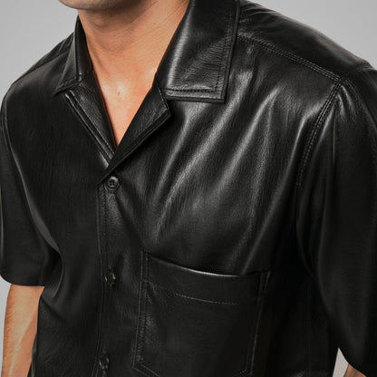 Men's Fine Grain Half Sleeves Black Leather Shirt