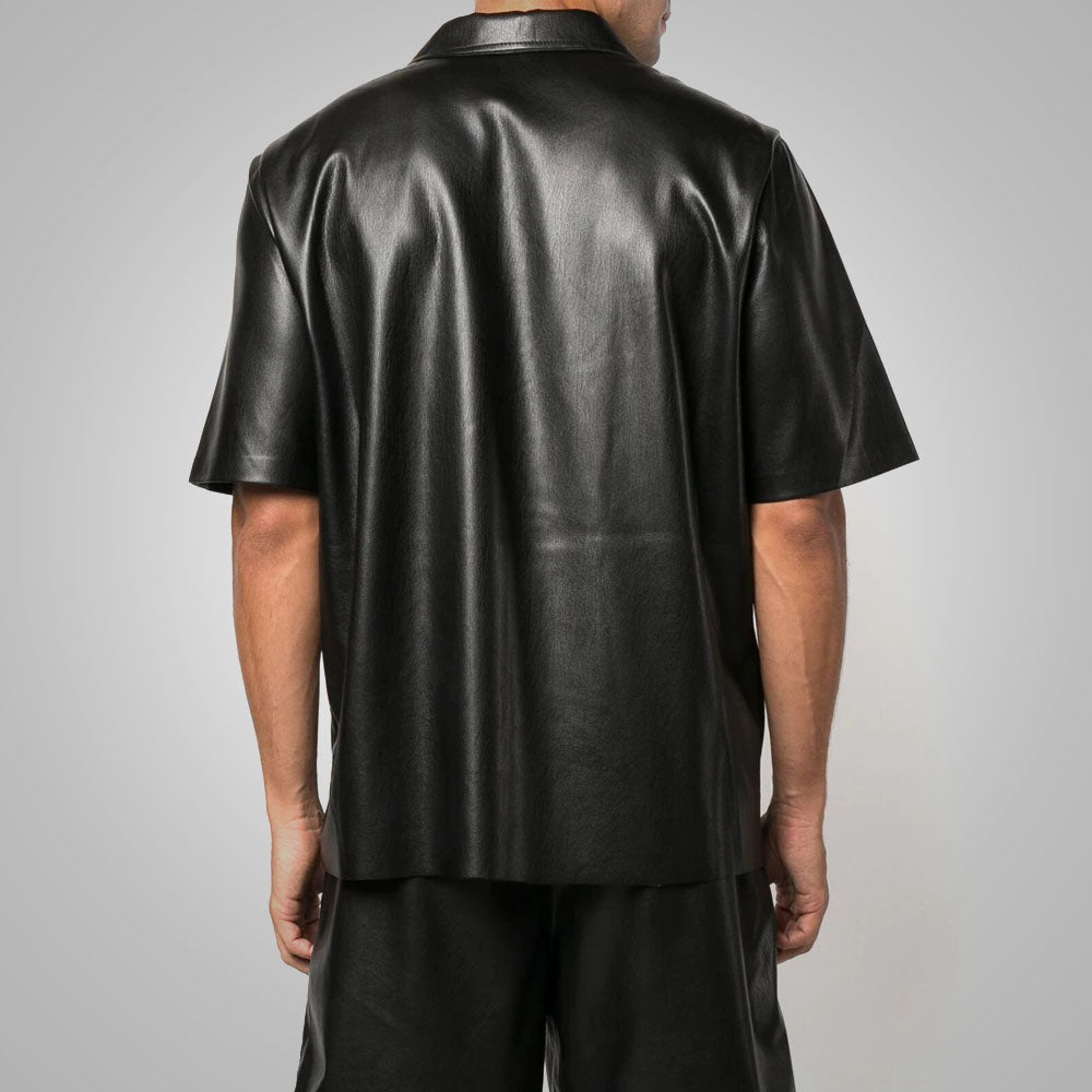 Men's Fine Grain Half Sleeves Black Leather Shirt