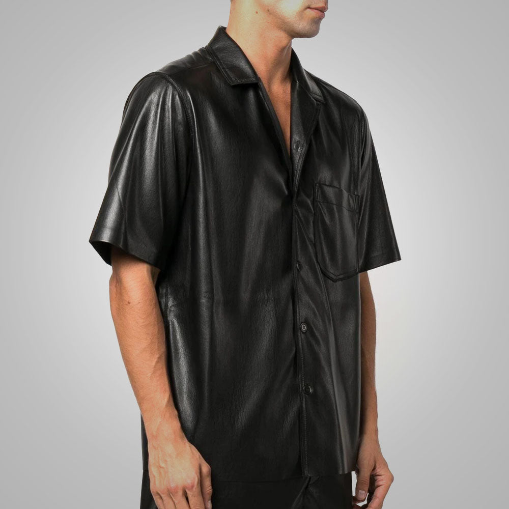 Men's Fine Grain Half Sleeves Black Leather Shirt