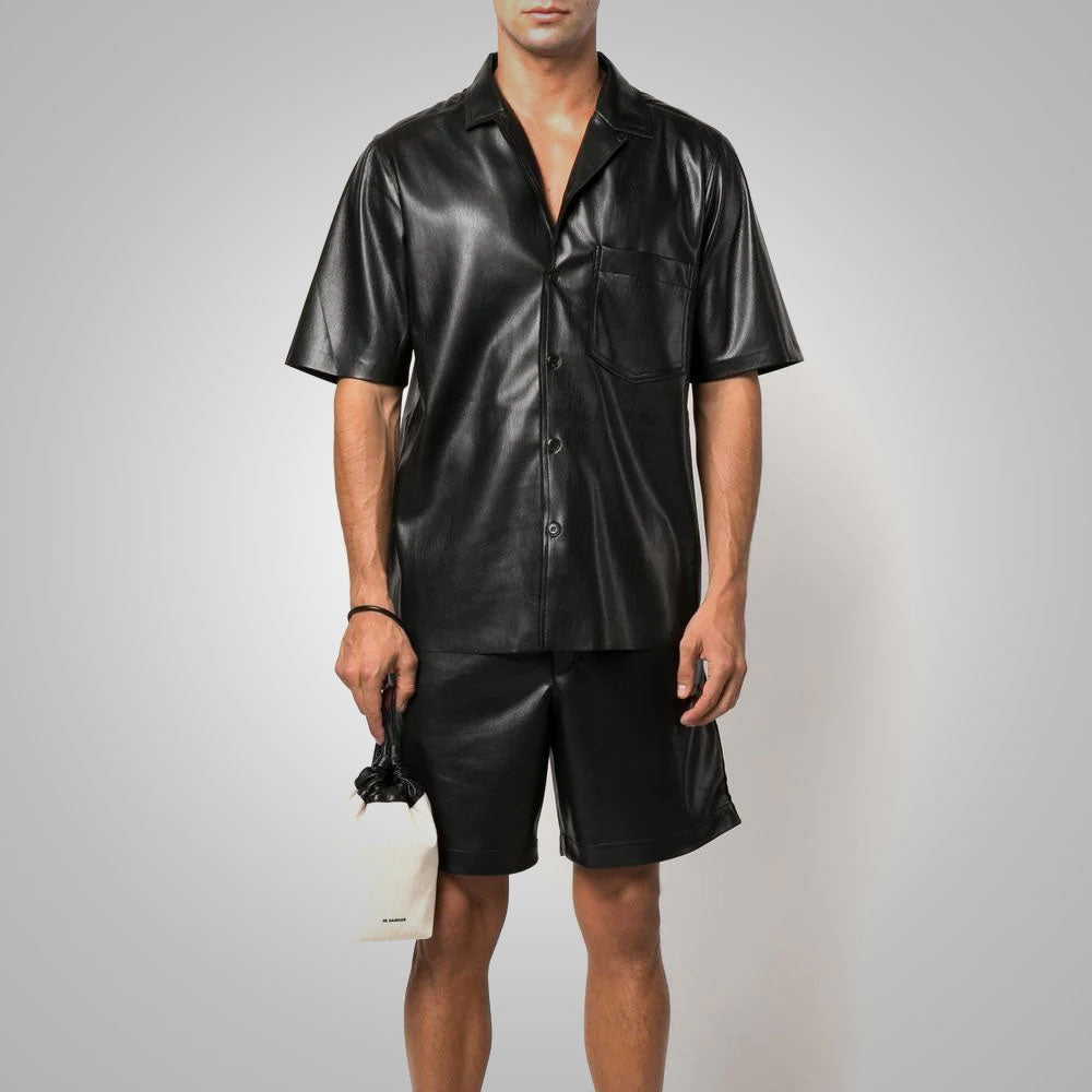 Men's Fine Grain Half Sleeves Black Leather Shirt