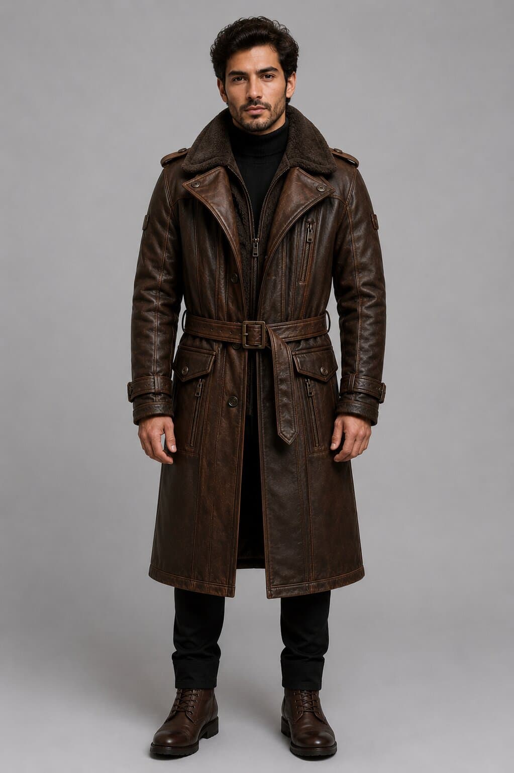 Men's Genuine Leather Trench Coat with Oversized Shearling Lining by avanzar leather