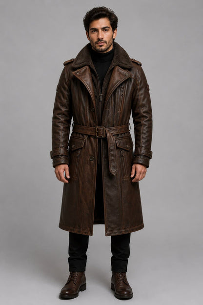 Men's Genuine Leather Trench Coat with Oversized Shearling Lining by avanzar leather